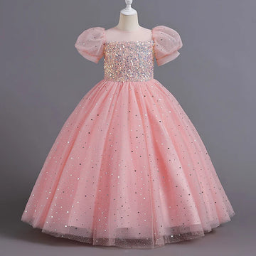 Vestido de fiesta de tul rosa brillante con mangas abullonadas y lentejuelas para niñas