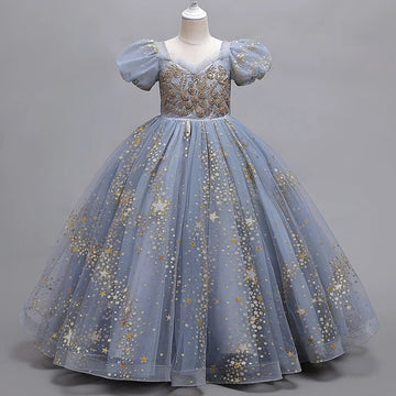 Girls Princess Blue Ball Gown Dress with Puff Sleeves and Star Sequins