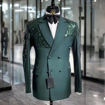 Emerald Green Sequined Appliques Blazers Men Suits Fashion Banquet 2 Piece Business Jacket Pants Trousers