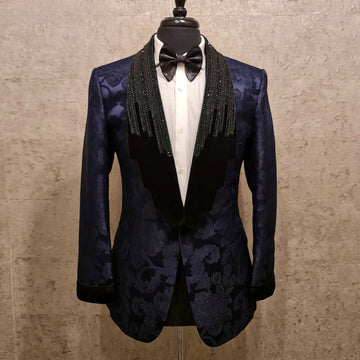 Dark Blue Jacquard Weave Two Pieces Men Suits Crystal Beading Evening Party Blazer Groom Wear ( Jacket + Pants )