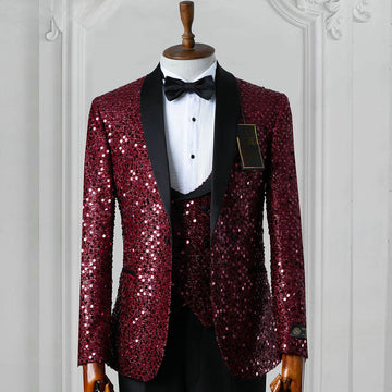 Burgundy Sequined Groom Wear Formal Men Suits 3 Piece Jacket Vest and Pants Sets Smart Casual Business Blazer