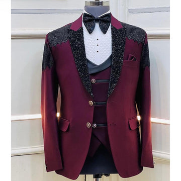 Burgundy Crystal Sequined Blazers Men Suits Fashion Banquet 2 Piece Business Jacket Pants Trousers