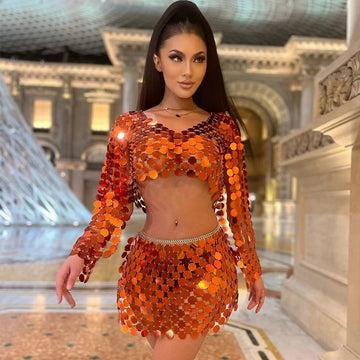 New Arrivals Women Sexy Orange 2 Piece Outfits Long Sleeve Party Sequins Chainmail Crop Top and Mini Skirt Set