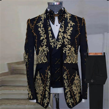 Gold Metal Embellished Men Suits Appliques Lace Groom Wedding Tuxedos 3 Pieces Sets Dinner Prom Blazers