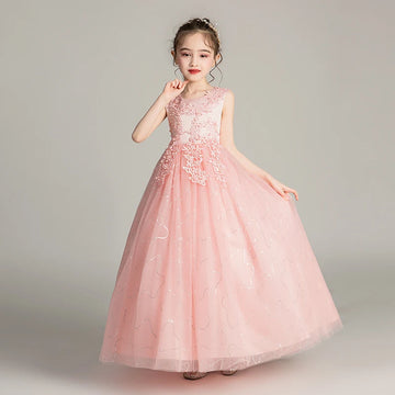 Girls Pink Sleeveless Lace Embellished Tulle Flower Girl Dress