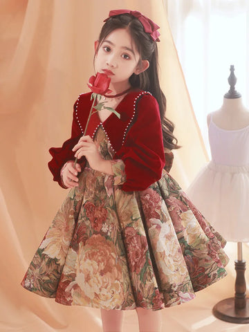 Robe fleurie en velours pour petite fille, manches longues bouffantes et nœuds