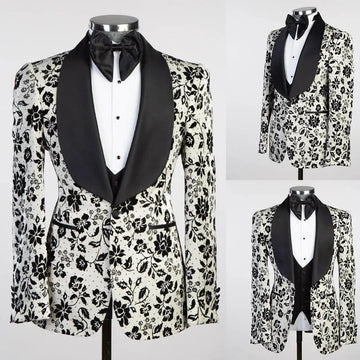 Costume de mariage 2 pièces pour homme, motif floral noir, avec revers châle, pantalon sur mesure, pour fête d'anniversaire, bal de promo, marié