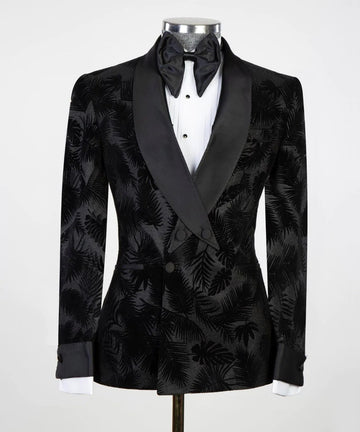 Esmoquin negro con estampado floral y solapa chal para novio, fiesta, graduación, abrigo, traje de negocios, una pieza