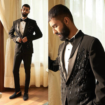 Smoking de luxe noir pour homme, costume de mariage, revers cranté, blazer, bureau, 2 pièces, veste avec pantalon, sur mesure