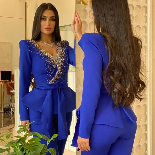 Costume de mariage noir de luxe pour femme, blazer avec ceinture et pantalon, robe de soirée formelle, smoking sur mesure