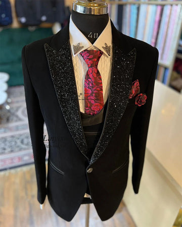 Trajes negros de lujo para hombre, con cuentas de cristal, solapa, esmoquin para novio, para boda, fiesta, graduación, blazer, conjunto de 3 piezas, traje ajustado para hombre