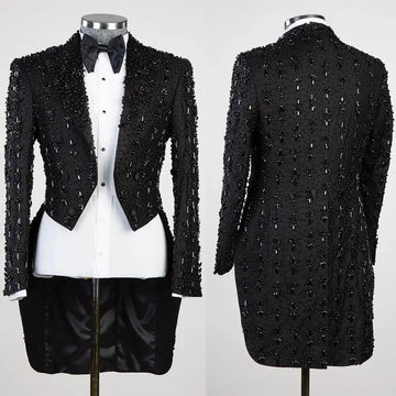 Veste longue noire pour homme, blazer à ourlet irrégulier, perles, smoking de mariage, formel, sur mesure, pour fête, anniversaire