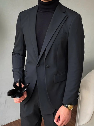 Black Men's Suit 2 Pieces Blazer Pants One Button Peaked Lapel Business Formal Slim Fit Wedding Groom Tailored Costume Homme