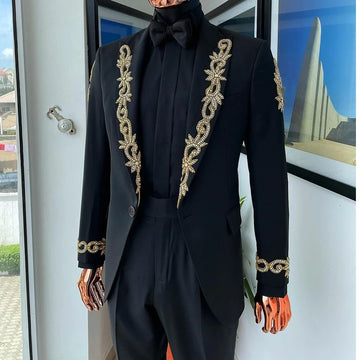 Costume homme noir 2 pièces sur mesure, blazer et pantalon, un bouton, revers pointu, mariage formel, appliques, perles, sur mesure, grande taille