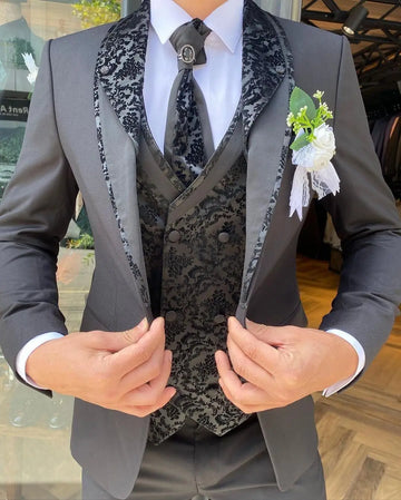 Costume 3 pièces noir à motif pour homme, smoking, tenue de marié, pantalon de mariage, costume d'affaires, bal, soirée, blazer