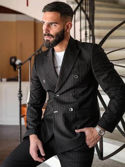 Conjunto de blazer a rayas negras, traje de boda para hombre, esmoquin cruzado entallado, traje de negocios, 2 piezas (chaqueta + pantalón)