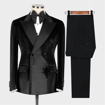 Velvet Groom Tuxedo Double Breasted Men Suits For Wedding Slim Fit Satin Lapel Blazer Set Male Fashion Clothing 2 Pcs