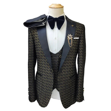 Black and White Men's Suit 3-piece Gold Palace Print Road Wedding Costume Men Clothing Wedding Suits for Men