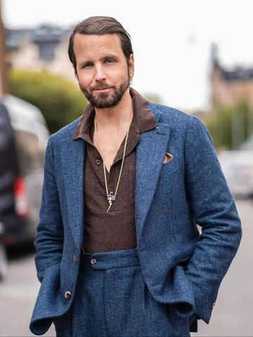Blue Coat Pant Men Suit Luxury Wedding Man Jacket Autumn Winter Herringbone Pattern Gentleman Party Dresses 2 Piece(Blazer+Pant)