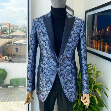 Blue Jacquard Men Suits For Wedding Party 2 Piece Peaked Lapel Jacket With Pants Slim Fit Fasion Groom Tuxedo