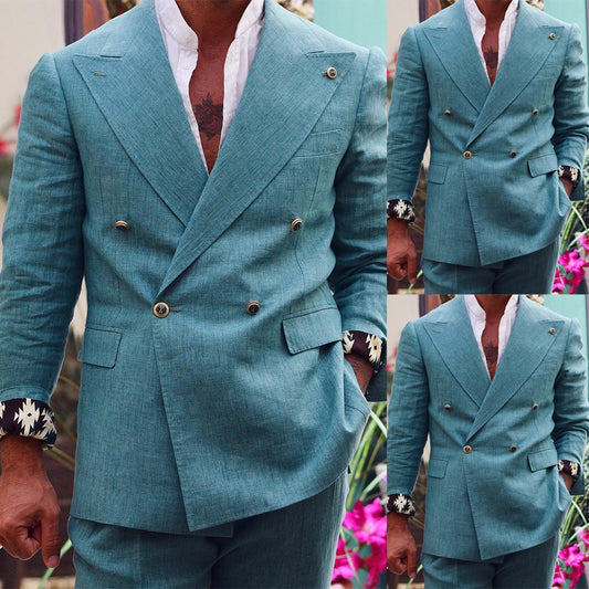 Costume bleu pour homme, 2 pièces, blazer et pantalon, un bouton, revers en pointe, en lin, formel, affaires, slim, formel, mariage, marié, costume homme
