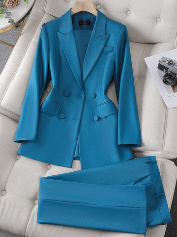 Conjunto de 2 piezas de chaqueta y pantalón de manga larga para mujer, color azul, morado y negro, para oficina y trabajo.