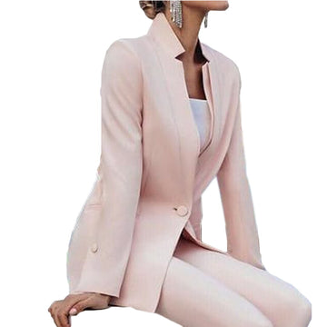 Blush Pink Women Pants Suits Mother of the Bride Tuxedos Long Sleeve Work Coat Blazer Office Lady 2 Pieces