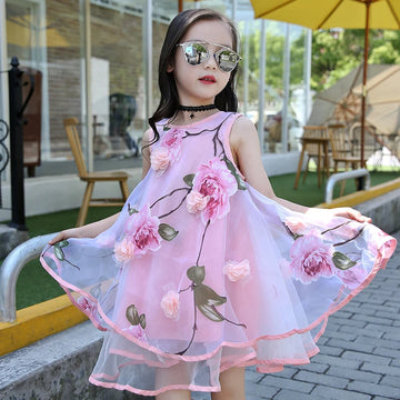 Girls Pink Sleeveless Flower Embroidered Mesh Dress
