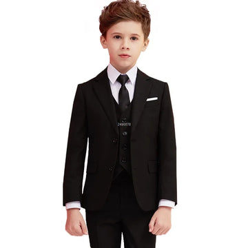 Ensemble trois pièces pour garçon, costume noir formel avec chemise blanche et cravate noire