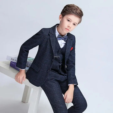 Boys Formal Dark Navy Suit Set with Red Pocket Square and Bow Tie