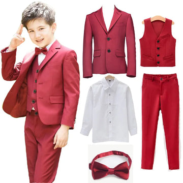 Boys Five Piece Red Suit Set with Jacket Vest Pants Shirt and Bow Tie