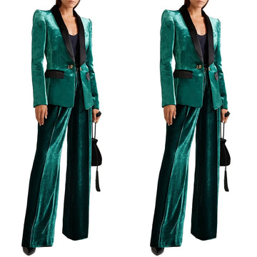 Bright Green Velvet Spring Women Pant Suits Sexy Leisure Wedding Wear Formal Trousers Waistcoat Jacket Blazer Suit