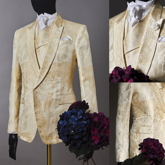 Bright Jacquard Wedding Men Suit New Gentleman Tailor-Made 2-Pieces Slim Coat And Vest Formal Occasion Costume Made