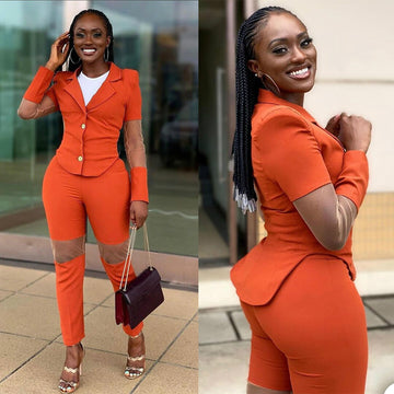 Bright Orange Women Beach Suits Slim Celebrity Lady Party Prom Tuxedos Blazer Leisure Outfit Top(Jacket+Pants)