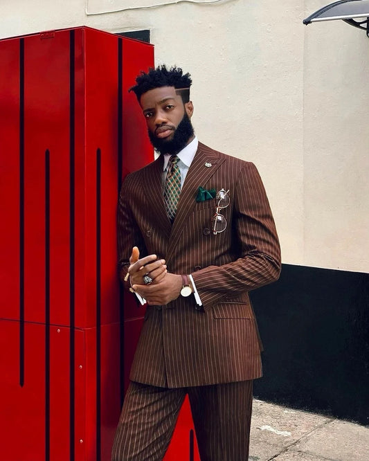 Costume homme 2 pièces à rayures marron, croisé, sur mesure, pour mariage, bal de promo, coupe slim, revers pointus, pantalon (veste + pantalon)
