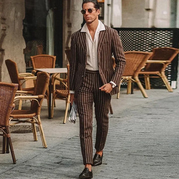Trajes de hombre a rayas marrones de 2 piezas, moda elegante, informal, formal, a medida, elegante, para fiesta, negocios, oficina, trabajo, traje masculino