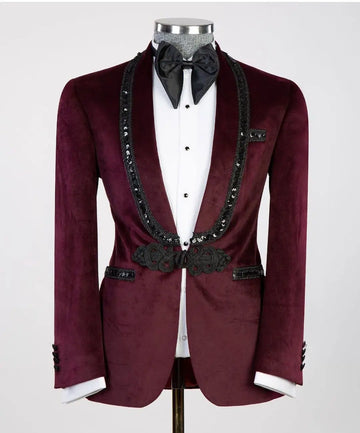 Burgundy 2 Pieces Blazer Black Pants Men Suits One Button Chinese Knot No Lapel Formal Party Wedding Groom Plus Size Tailored