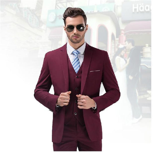 Ensemble blazer bordeaux, costume de mariage, revers crantés, coupe ajustée, 3 pièces, tenue de soirée, smoking (veste, pantalon, gilet, cravate)