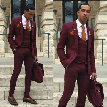Burgundy Men Suits Luxury Blazer Single Breasted Notch Lapel Fahion 3 Piece Jacket Pants Vest Slim Fit Wedding Outfits Set