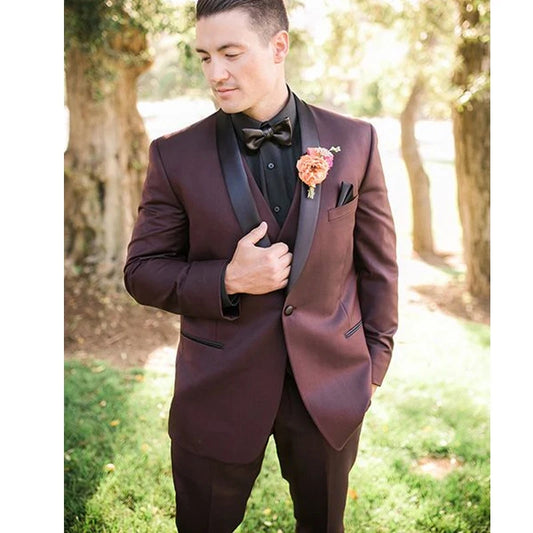 Costume 3 pièces bordeaux pour homme, noir, col châle, costume de mariage, de bal, de marié, coupe slim, smoking sur mesure, tenue d'affaires