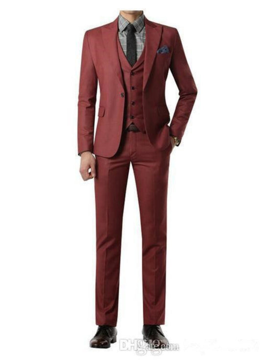 Costume bordeaux coupe slim à simple boutonnage pour homme, robe de marié, queue-de-pie, smoking, 3 pièces, tenue d'affaires formelle