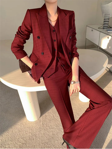 Elegant Burgundy 3-Piece Suit Set for Women - Spring Office Attire with Double-Breasted Blazer, Stylish Vest, and Wide Leg Trousers