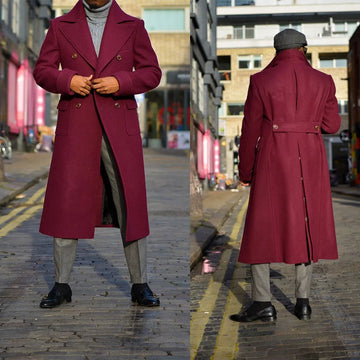 Burgundy Tweed Wool Men Long Coat Winter Warm Groom Party Prom Jacket Business Wear Outfit One Suit
