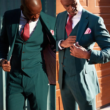 Trajes de negocios verdes para hombre, a medida, 3 piezas, abrigo, corte entallado, esmoquin, chaqueta, abrigo, novio, boda, novio, graduación, formal, a medida