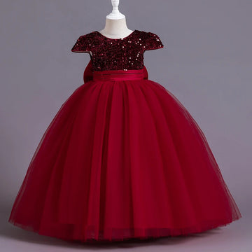 Vestido de tul con corpiño de lentejuelas color burdeos para niña de las flores