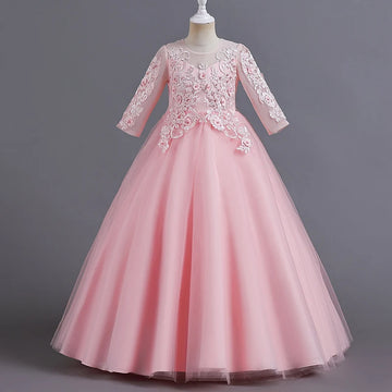 Vestido de tul con encaje y manga larga para niña, vestido de baile rosa