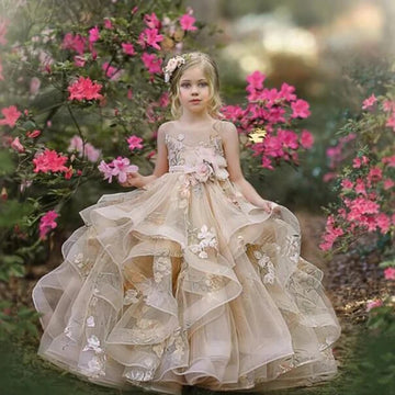 Vestido de princesa con encaje floral para niñas y falda de tul en capas