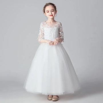 Girls White Lace and Tulle Long Sleeve Floor Length Flower Girl Dress