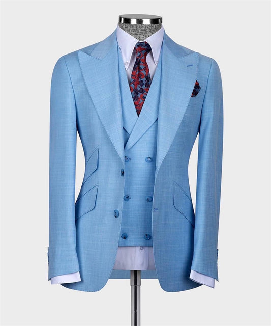 Traje clásico azul completo para hombre, 3 piezas, blazer, chaleco, pantalones, corte entallado, ropa de negocios, traje formal de boda para padrinos de boda, esmoquin para hombre
