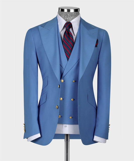 Traje clásico azul completo para hombre para boda, 3 piezas, blazer, chaleco, pantalones, corte entallado, formal, de negocios.